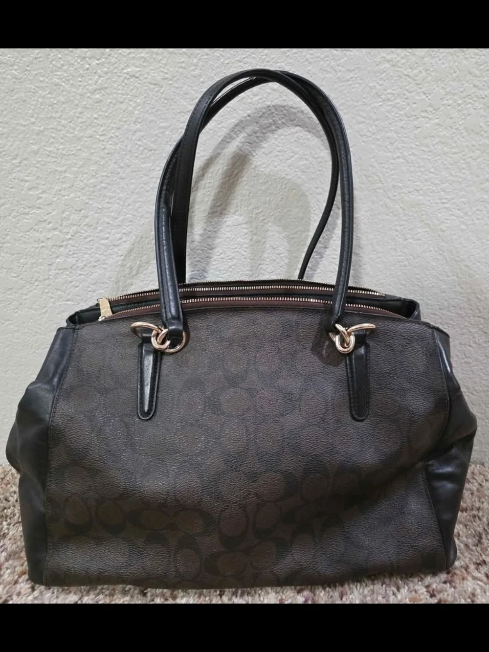 Coach Dark Brown/Black Signature Tote with Gold Hardware